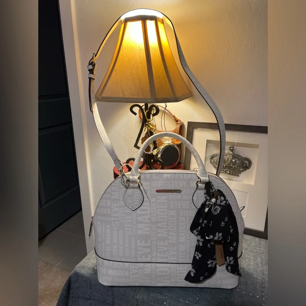 Steve Madden White and Black Dome Satchel with Black Scarf